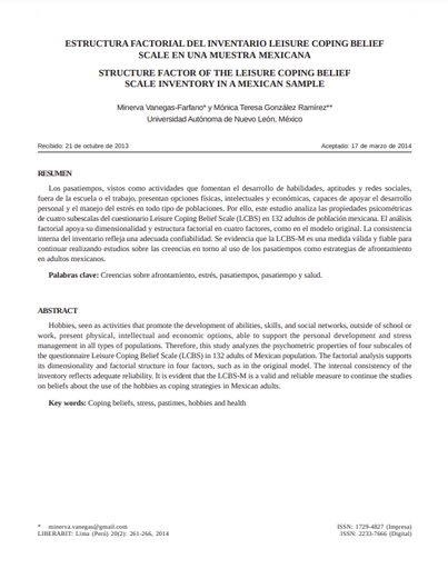 ESTRUCTURA FACTORIAL DEL INVENTARIO LEISURE COPING BELIEF SCALE EN UNA MUESTRA MEXICANA