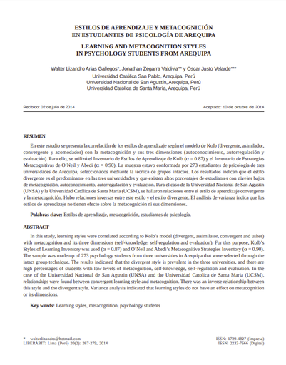 ESTILOS DE APRENDIZAJE Y METACOGNICIÓN EN ESTUDIANTES DE PSICOLOGÍA DE AREQUIPA