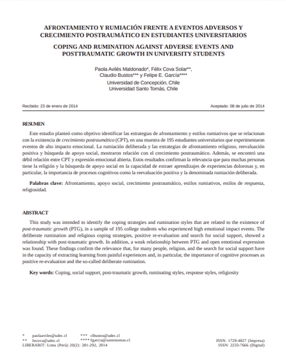 AFRONTAMIENTO Y RUMIACIÓN FRENTE A EVENTOS ADVERSOS Y CRECIMIENTO POSTRAUMÁTICO EN ESTUDIANTES UNIVERSITARIOS