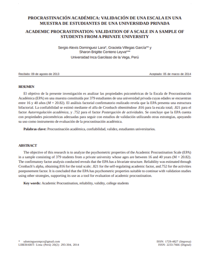 PROCRASTINACIÓN ACADÉMICA: VALIDACIÓN DE UNA ESCALA EN UNA MUESTRA DE ESTUDIANTES DE UNA UNIVERSIDAD PRIVADA