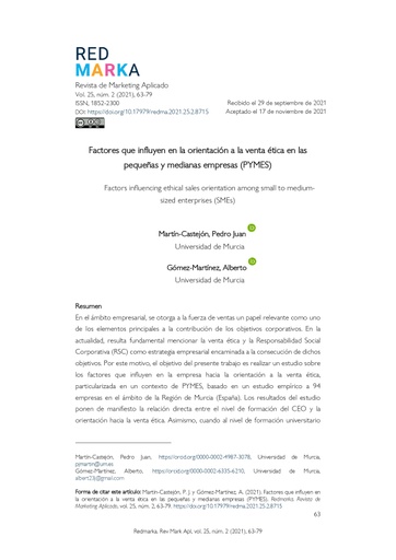 Factores que influyen en la orientación a la venta ética en las pequeñas y medianas empresas (PYMES)