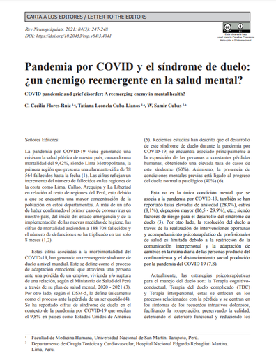 Pandemia por COVID y el síndrome de duelo: ¿un enemigo reemergente en la salud mental?