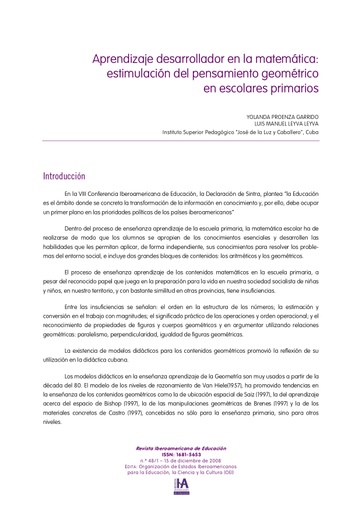 Aprendizaje desarrollador en la matemática: estimulación del pensamiento geométrico en escolares primarios
