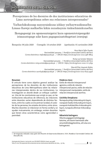 Percepciones de los docentes de dos instituciones educativas de Lima metropolitana sobre sus relaciones interpersonales