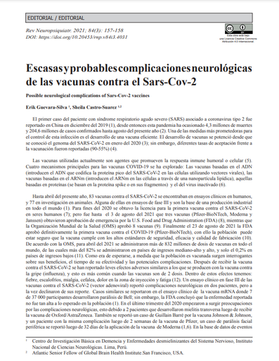 Escasas y probables complicaciones neurológicas de las vacunas contra el Sars-Cov-2