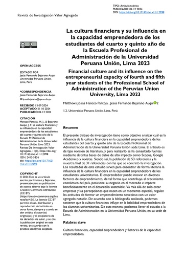 La cultura financiera y su influencia en la capacidad emprendedora de los estudiantes del cuarto y quinto año de la Escuela Profesional de Administración de la Universidad Peruana Unión, Lima 2023