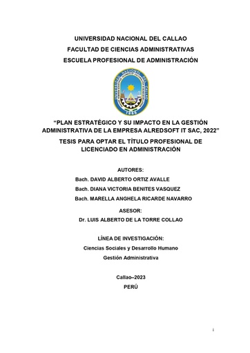Plan estratégico y su impacto en la gestión administrativa de la empresa Alredsoft IT SAC, 2022