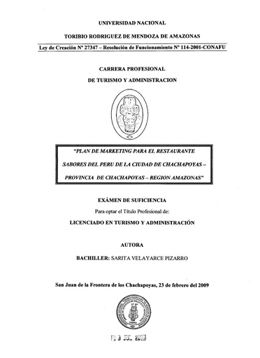 Plan de marketing para el restaurante Sabores del Perú de la ciudad de Chachapoyas provincia de Chachapoyas - Región Amazonas