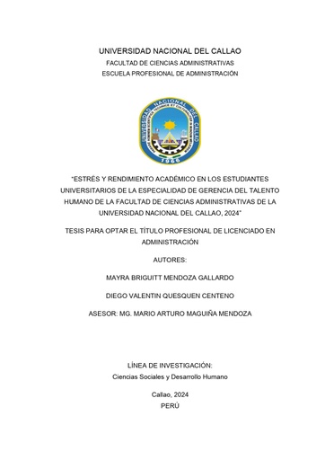 Estrés y rendimiento académico en los estudiantes universitarios de la especialidad de gerencia del talento humano de la facultad de ciencias administrativas de la Universidad Nacional del Callao, 2024