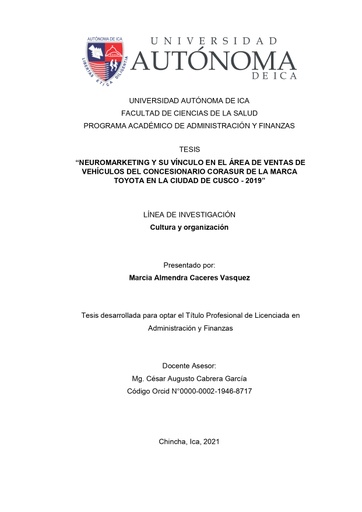 Neuromarketing y su vínculo en el área de ventas de vehículos del concesionario Corasur de la marca Toyota en la ciudad de Cusco - 2019
