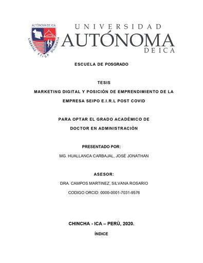 Marketing digital y posición de emprendimiento de la empresa Seipo E.I.R.L Post covid