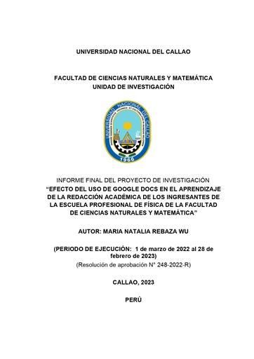 Efecto del uso de Google Docs en el aprendizaje de la redacción académica de los ingresantes de la escuela profesional de física de la Facultad de Ciencias Naturales y Matemática
