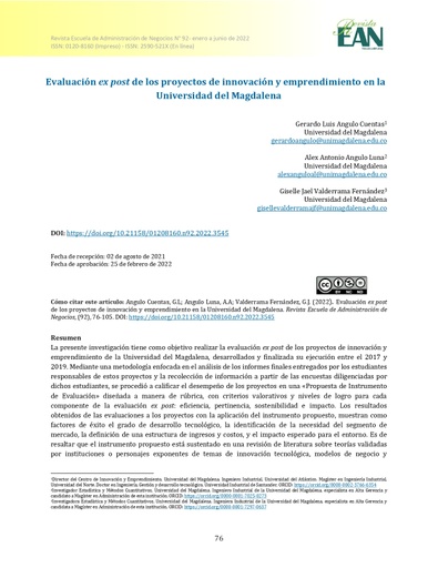 Evaluación ex post de los proyectos de innovación y emprendimiento en la Universidad del Magdalena