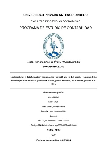 Las tecnologías de la información y comunicación y su incidencia en el desarrollo económico de los microempresarios durante la pandemia Covid-19, galería Sandoval, Distrito Piura, periodo 2020- 2021.