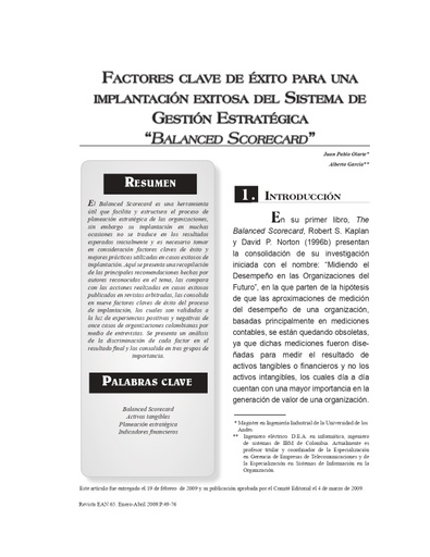 Factores clave de éxito para una implantación exitosa del Sistema de Gestión Estratégica "Balanced Scorecard"