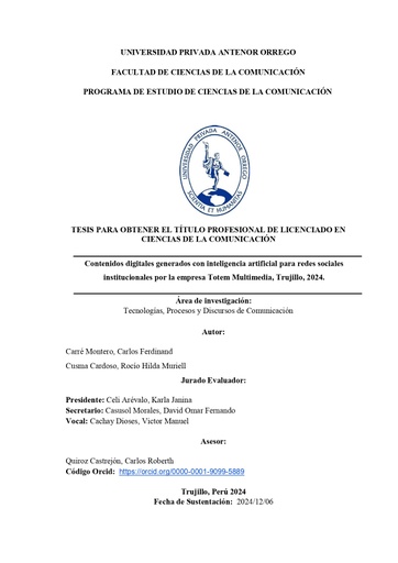 Contenidos digitales generados con inteligencia artificial para redes sociales institucionales por la empresa Totem Multimedia, Trujillo, 2024
