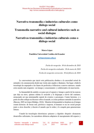 Razon y Palabra Vol. 22 Núm. 2_101 (2018): Narrativa transmedia e industrias culturales como diálogo social