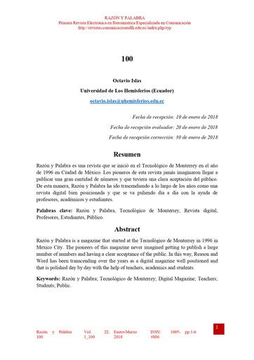 Razon y Palabra Vol. 22 Núm. 1_100 (2018): 100 números de Razón y Palabra