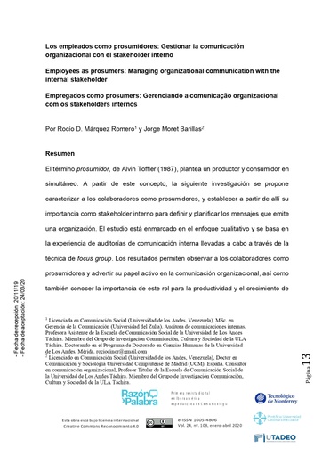 Razon y Palabra Vol. 24 Núm. 107 (2020): La dimensión de la comunicación organizacional en la empresa. Experiencias y demandas de los stakeholders.