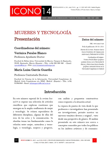Revista ICONO 14 Vol. 9, Núm. 1: Mujeres y tecnología