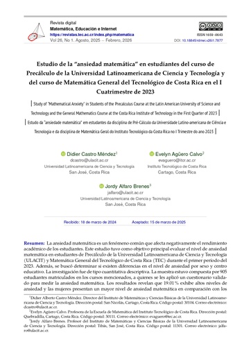 Estudio de la “ansiedad matemática” en estudiantes del curso de Precálculo de la Universidad Latinoamericana de Ciencia y Tecnología y del curso de Matemática General del Tecnológico de Costa Rica en el I Cuatrimestre de 2023