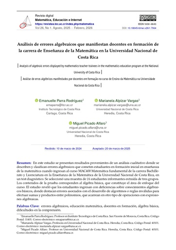 Análisis de errores algebraicos que manifiestan docentes en formación de la carrera de Enseñanza de la Matemática en la Universidad Nacional de Costa Rica