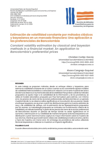 Estimación de volatilidad constante por métodos clásicos y bayesianos en un mercado financiero: Una aplicación a las preferenciales de Bancolombia