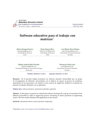 Software educativo para el trabajo con matrices