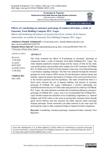 Effects of e-marketing on customers patronage of commercial banks, a study of Guaranty Trust Holding Company PLC, Lagos