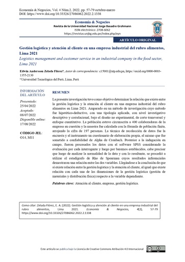 Gestión logística y atención al cliente en una empresa industrial del rubro alimentos, Lima 2021