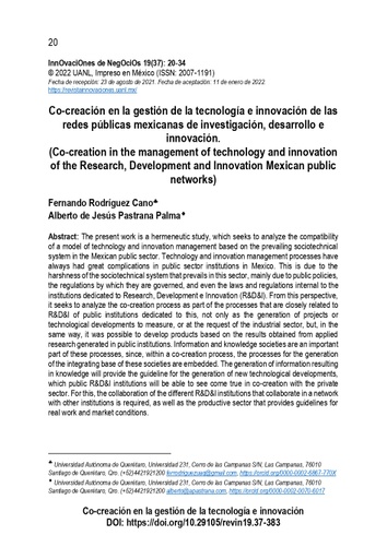 Co-creación en la gestión de la tecnológica e innovación de las redes públicas mexicanas de investigación, desarrollo e innovación