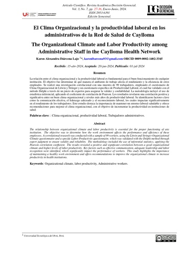 El clima organizacional y la productividad laboral en los administrativos de la red de salud de Caylloma