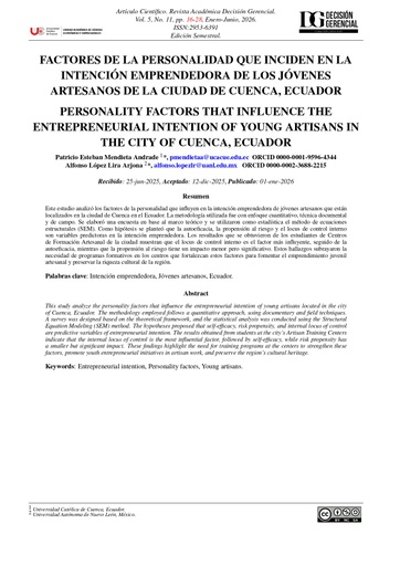 Factores de la personalidad que inciden en la intención emprendedora de los jóvenes artesanos de la ciudad de Cuenca, Ecuador
