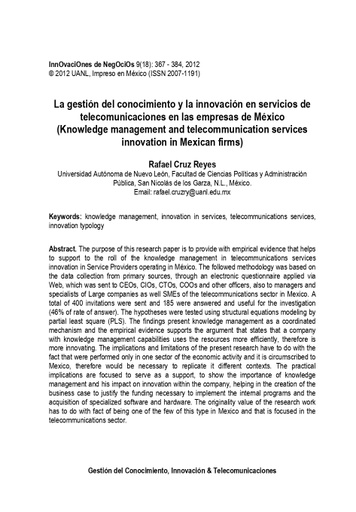La gestión del conocimiento y la innovación en servicios de telecomunicaciones en las empresas de México