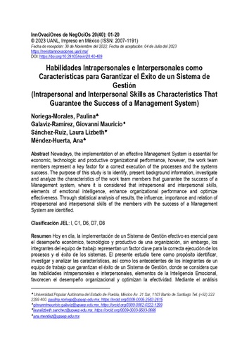 Habilidades Intrapersonales e Interpersonales como Características para Garantizar el Éxito de un Sistema de Gestión