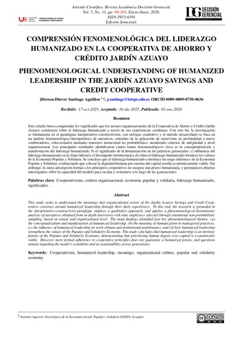 Comprensión fenomenológica del liderazgo humanizado en la Cooperativa de Ahorro y Crédito Jardín Azuayo.