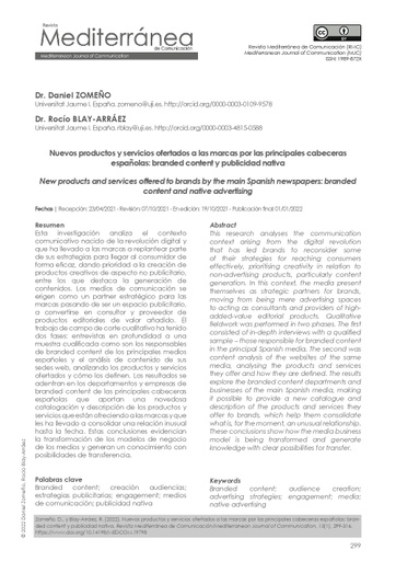 Nuevos productos y servicios ofertados a las marcas por las principales cabeceras españolas: branded content y publicidad nativa
