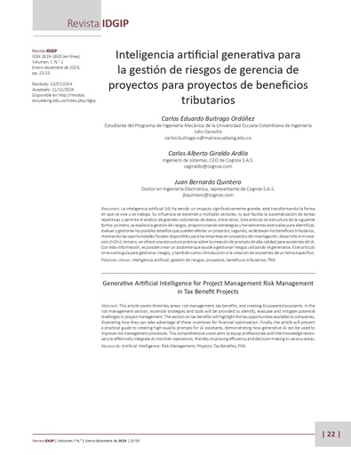 Inteligencia artificial generativa parala gestión de riesgos de gerencia deproyectos para proyectos de beneficiostributarios