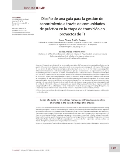 Diseño de una guía para la gestión deconocimiento a través de comunidadesde práctica en la etapa de transición enproyectos de TI
