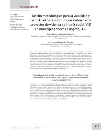 Diseño metodológico para la viabilidad yfactibilidad de la construcción sostenible deproyectos de vivienda de interés social (VIS)en municipios anexos a Bogotá, D.C.