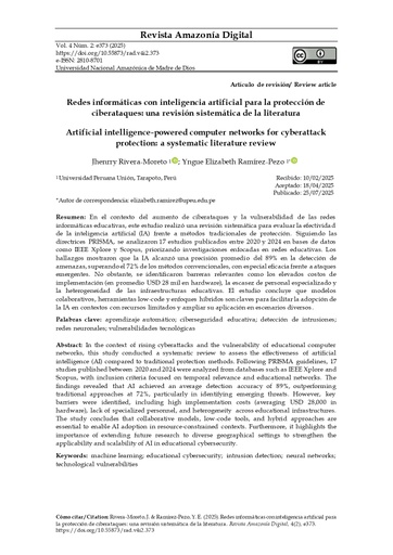 Redes informáticas con inteligencia artificial para la protección de ciberataques: una revisión sistemática de la literatura
