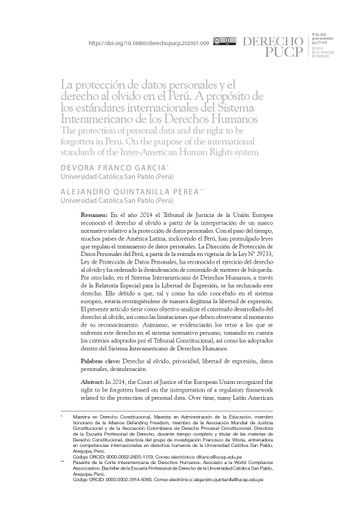 La protección de datos personales y el derecho al olvido en el Perú. A propósito de los estándares internacionales del Sistema Interamericano de los Derechos Humanos