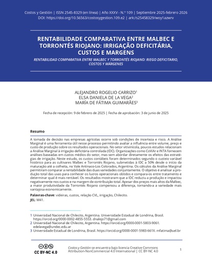 Rentabilidad comparativa entre malbec y torrontés riojano: riego deficitario, costos y márgenes