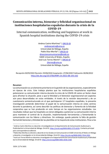Comunicación interna, bienestar y felicidad organizacional en instituciones hospitalarias españolas durante la crisis de la COVID-19
