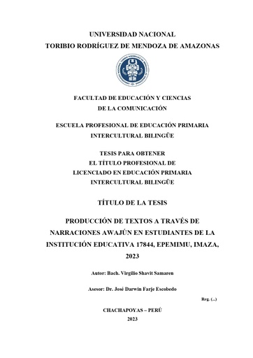 Producción de textos a través de narraciones awajún en estudiantes de la institución educativa 17844, Epemimu, Imaza, 2023.