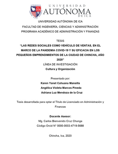 Las redes sociales como vehículo de ventas, en el marco de la pandemia covid-19 y su eficacia en los pequeños emprendimientos de la ciudad de chincha, año 2020