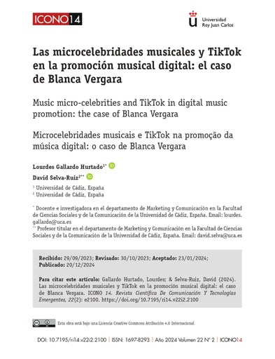 Las microcelebridades musicales y TikTok en la promoción digital musical: el caso de Blanca Vergara