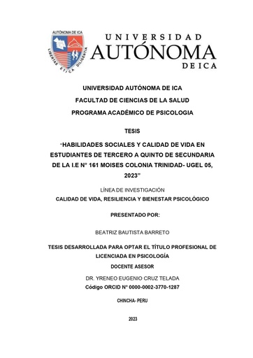 Habilidades sociales y calidad de vida en estudiantes de tercero a quinto de secundaria de la IE N° 161 Moises Colonia Trinidad- UGEL 05, 2023