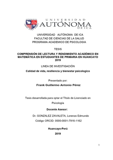 Comprensión de lectura y rendimiento académico en matemática en estudiantes de primaria en Huancayo, 2019