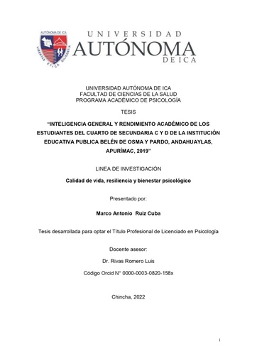 Inteligencia general y rendimiento académico de los estudiantes del cuarto de secundaria C y D de la Institución Educativa Publica Belén de Osma y Pardo, Andahuaylas, Apurímac, 2019